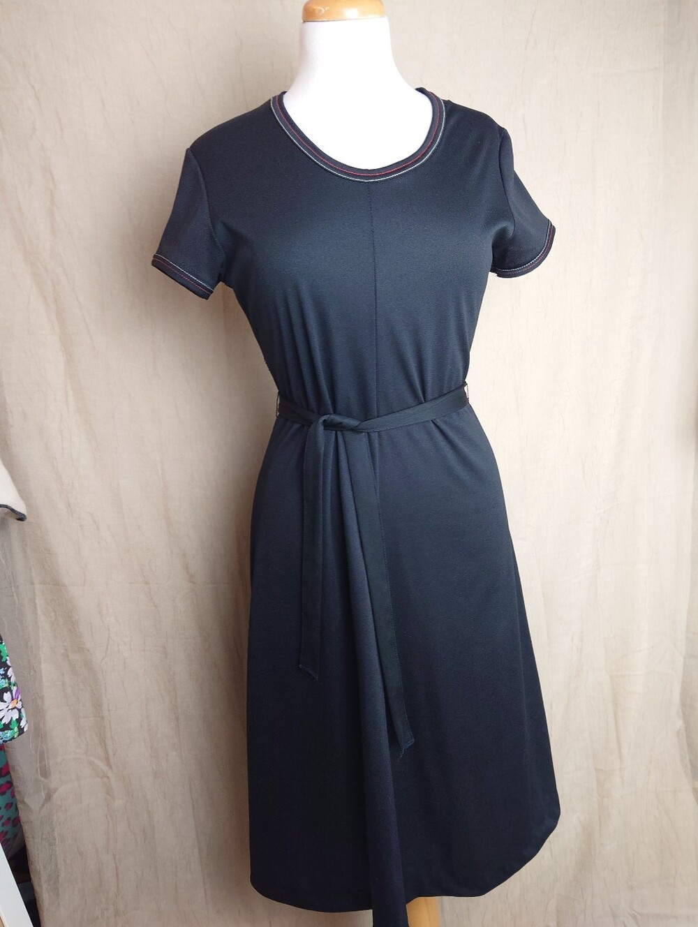 Vintage 70s Classic Black Short-Sleeve Belted Dress